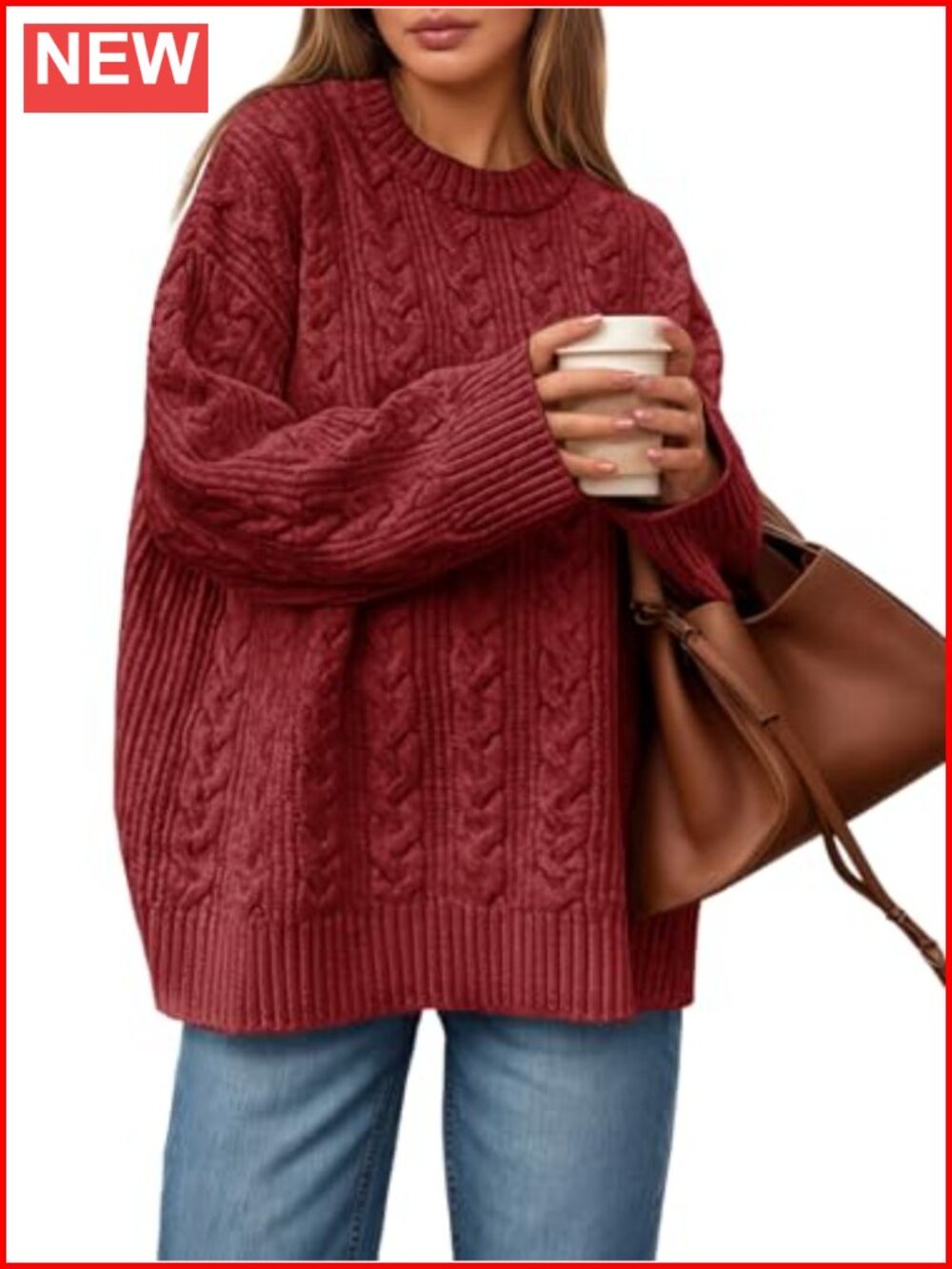 Cable Knit Oversized Chunky Crew Neck Pullover Sweater Bell Sleeve